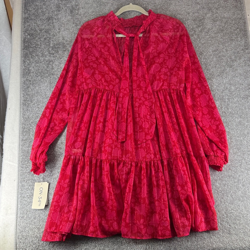 NWT On 34th Long Sleeve Midi Dress Red Floral Tiered Womens M Valentine - Picture 11 of 14
